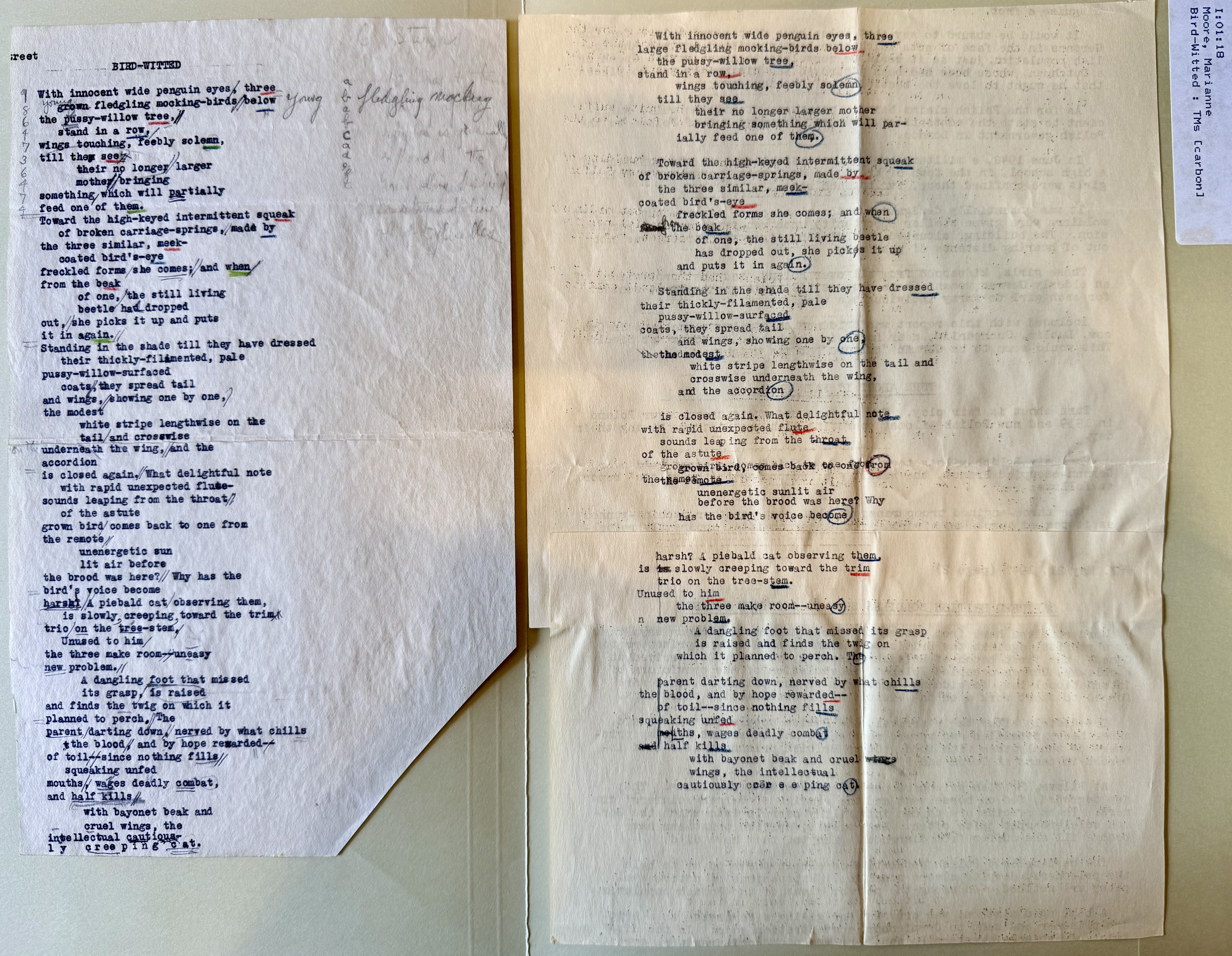 Moore's typescript of Bird-Witted, marking rhyme and rhythm