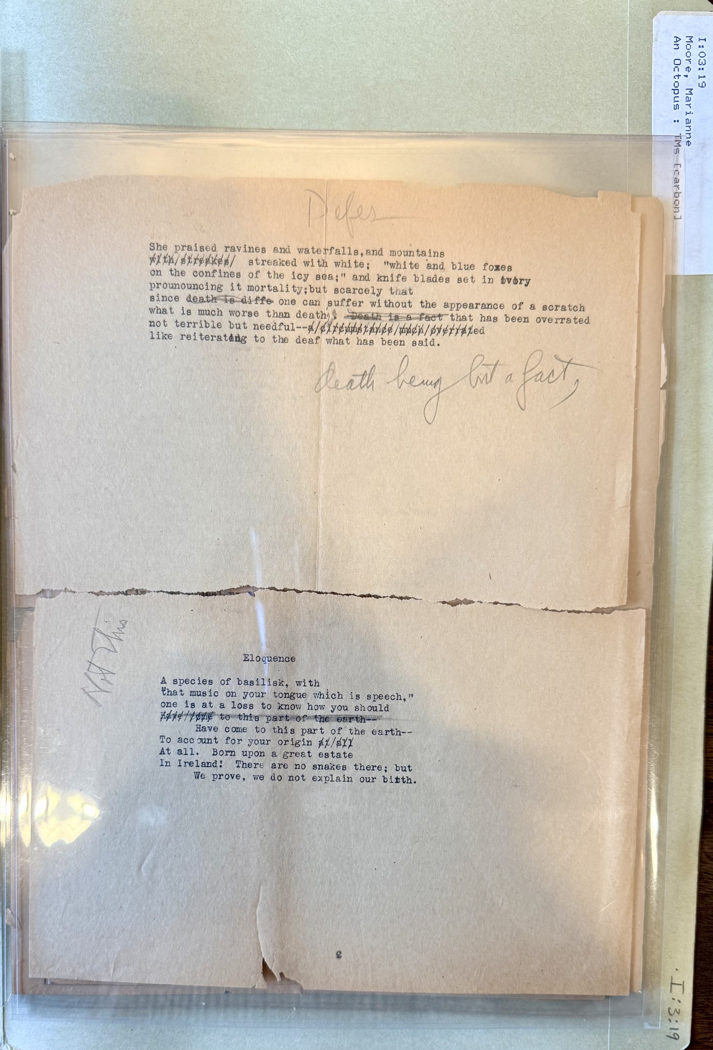 An unfinished, unpublished two-stanza fragment found among the typed drafts of An Octopus