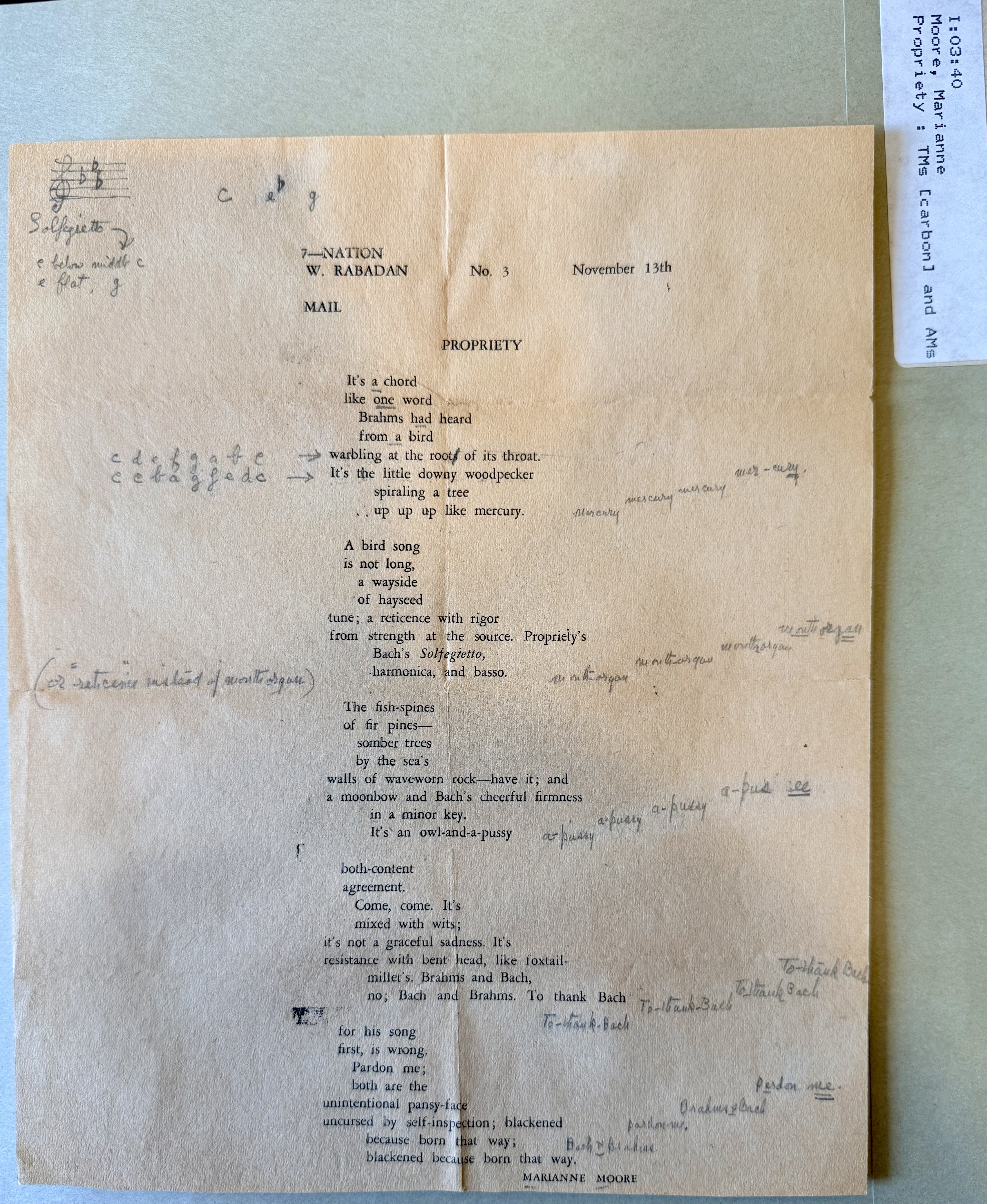 Typescript of Moore's poem Propriety for The Nation