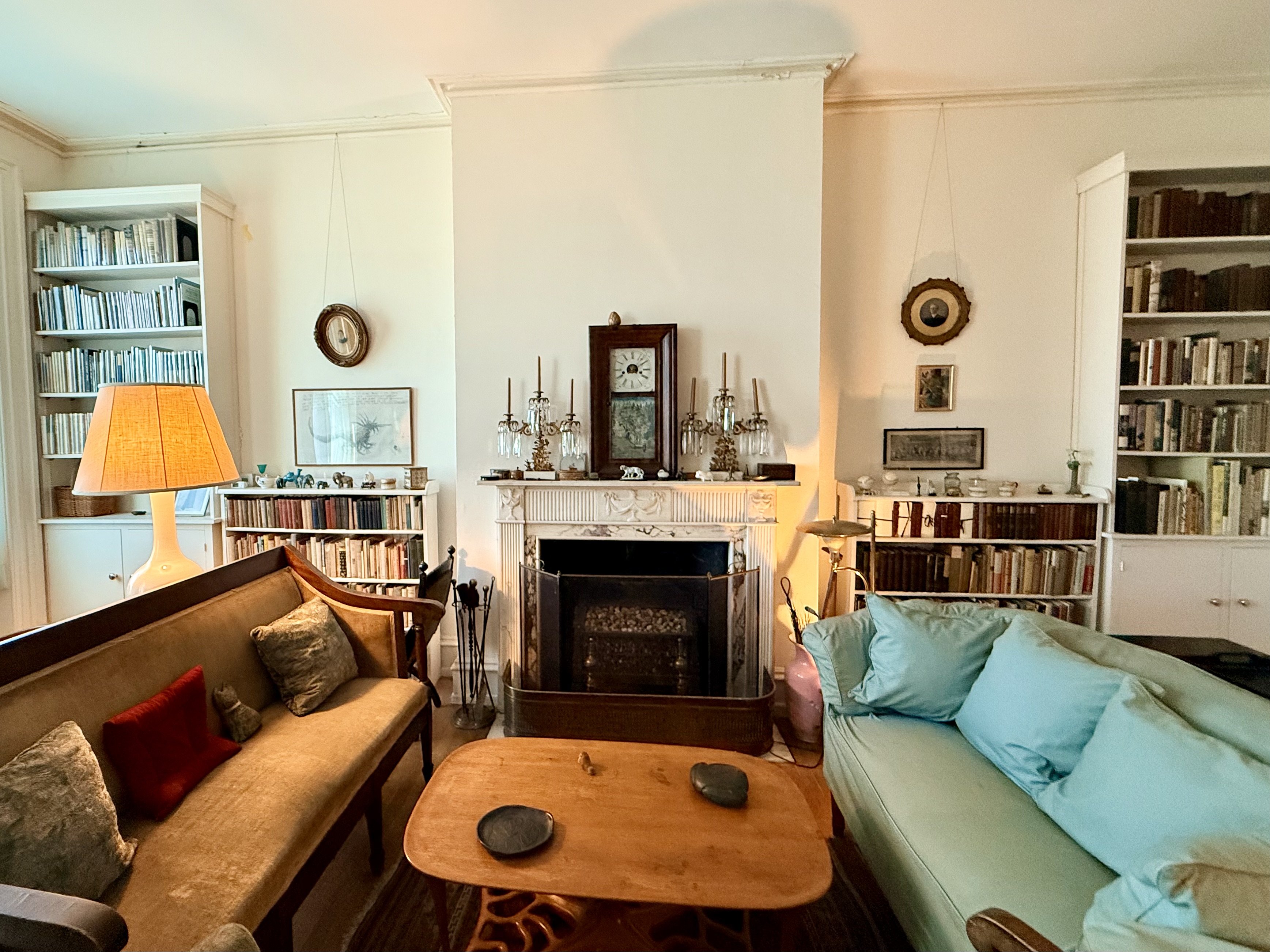 Fireplace and bookshelves in Moore's rooms